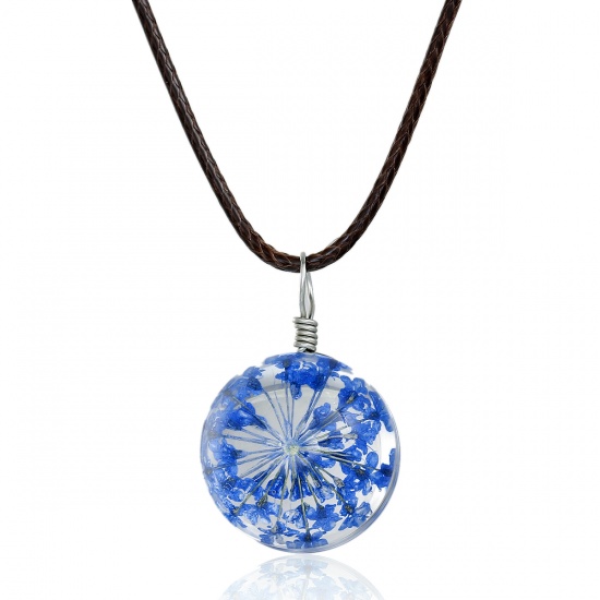 Picture of Glass Dried Flower Necklace Dark Coffee Wax Cord Blue 44.5cm(17 4/8") long, 1 Piece