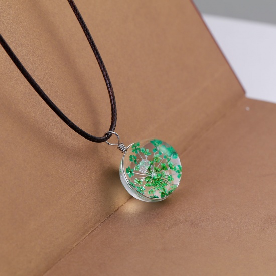 Picture of Transparent Glass Globe Dried Flower Necklace Dark Coffee Wax Cord Green 44.5cm(17 4/8") long, 1 Piece