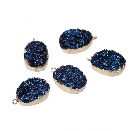 Picture of Resin Druzy /Drusy Pendants Oval Gold Plated Blue AB Color 37mm x23mm(1 4/8" x 7/8") - 36mm x23mm(1 3/8" x 7/8"), 2 PCs