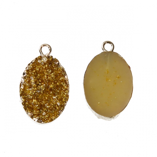 Picture of Resin Druzy /Drusy Charms Oval Gold Plated Yellow Glitter 22mm x13mm( 7/8" x 4/8") - 21mm x13mm( 7/8" x 4/8"), 2 PCs