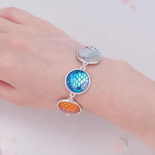 Picture of Resin Mermaid Fish /Dragon Scale Bracelets Link Cable Chain Silver Plated Multicolor Round Fish Scale 17.5cm(6 7/8") long, 1 Piece
