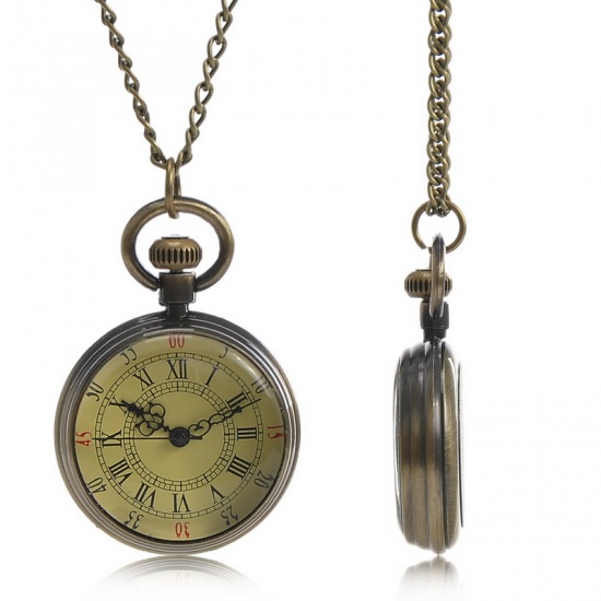 Bild von Zinklegierung Taschenuhr Uhr mit Batterie Rund Bronzefarbe, mit Zahl Muster, 82.0cm lang, Ketten: 82.0cm lang, 1 Stück