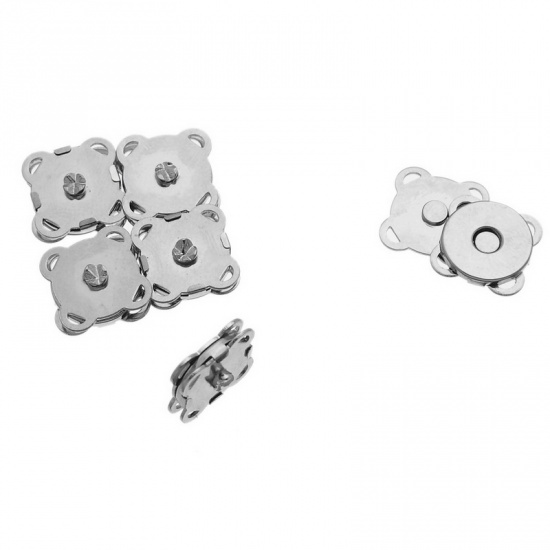 Picture of Magnetic Hematite Magnetic Snap Clasps For Purse Handbag Flower Silver Tone 11mm x 11mm, 100 PCs