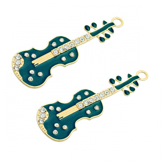 Picture of Zinc Metal Alloy Pendants Violin Gold Plated Clear Rhinestone Green Enamel 6.6cm x 2.15cm(2 5/8" x 7/8"), 5 PCs