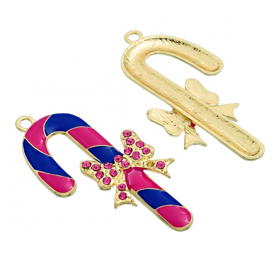 Picture of Zinc Metal Alloy Pendants Christmas Candy Cane Gold Plated Bowknot Carved Fuchsia Rhinestone Royal Blue Enamel 6.1cm x 3.1cm(2 3/8" x 1 2/8"), 5 PCs
