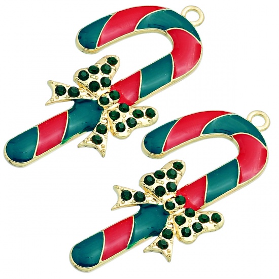 Picture of Zinc Metal Alloy Pendants Christmas Candy Cane Gold Plated Bowknot Carved Green Rhinestone Red Enamel 6.1cm x 3.1cm(2 3/8" x 1 2/8"), 5 PCs