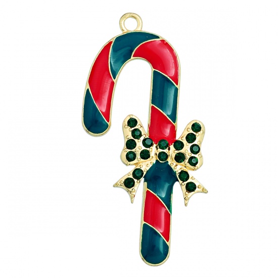 Picture of Zinc Metal Alloy Pendants Christmas Candy Cane Gold Plated Bowknot Carved Green Rhinestone Red Enamel 6.1cm x 3.1cm(2 3/8" x 1 2/8"), 5 PCs