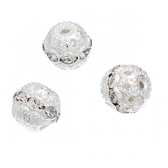 Immagine di Strass Separatori Perline Palla Argento Placcato Trasparente Strass Circa 10mm x 9mm, Foro:Circa 1.5mm, 20 Pz