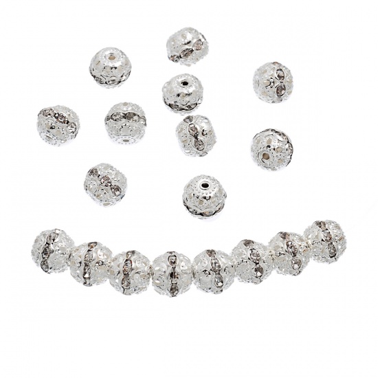 Picture of Beads Ball Silver Plated Clear Rhinestone About 10mm x 9mm, Hole: Approx 1.5mm, 20 PCs