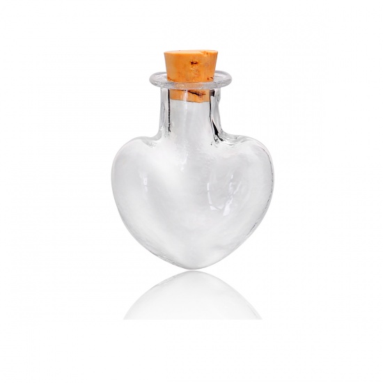 Picture of Glass Bottles Heart Jewelry Vials Cork Stoppers Transparent (Capacity: 1.5ml) 30mm x22mm, 5 PCs