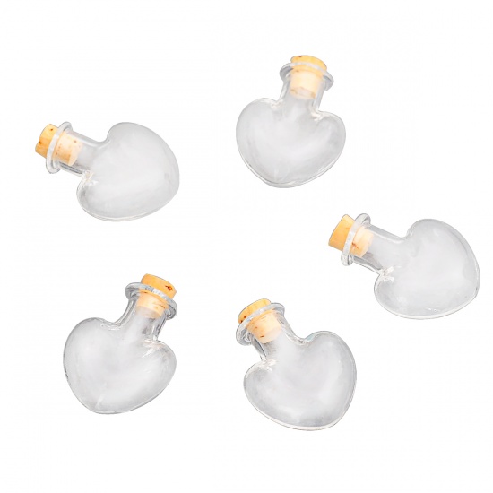 Picture of Glass Bottles Heart Jewelry Vials Cork Stoppers Transparent (Capacity: 1.5ml) 30mm x22mm, 5 PCs