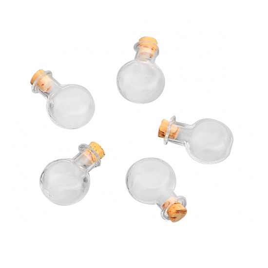 Picture of Glass Bottles Flat Oblate Jewelry Vials Cork Stoppers Transparent (Capacity: 2ml) 29mm x19mm, 5 PCs