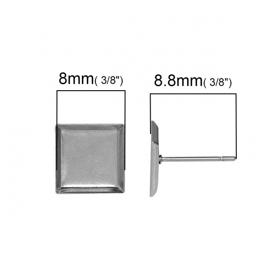 Bild von 304 Edelstahl Ohrring Fassung Raute Silberfarbe für Cabochon (für 8mm x 8mm) 8.8mm x 8.8mm, Drahtstärke: (21 gauge), 10 Stück