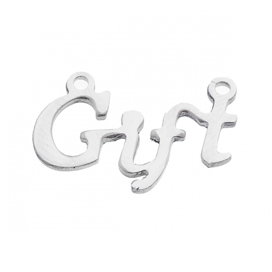 Image de Connecteurs de Bijoux en Acier Inoxydable Forme Lettre Gravé Mot "Gift" Argent Mat 19mm x 13mm, 1 Pièce