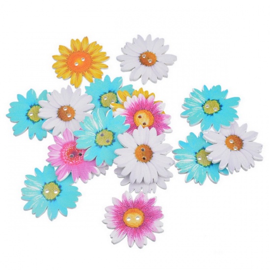 Picture of Wood Sewing Buttons Scrapbooking 2 Holes Chrysanthemum Flower Mixed 34mm(1 3/8") x 34mm(1 3/8"), 20 PCs
