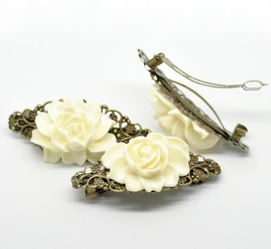 Picture of French Barrette Hair Clips Antique Bronze Pattern Hollow White Resin Flower 7.9cm x 3.7cm, 2 PCs