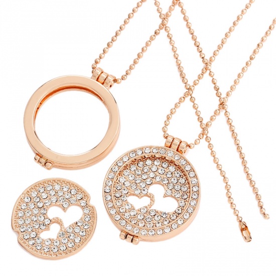 Picture of Amazing Coin Locket Necklace Rose Gold Round Heart Hollow Clear Rhinestone 75.5cm(29 6/8") long, 1 Piece