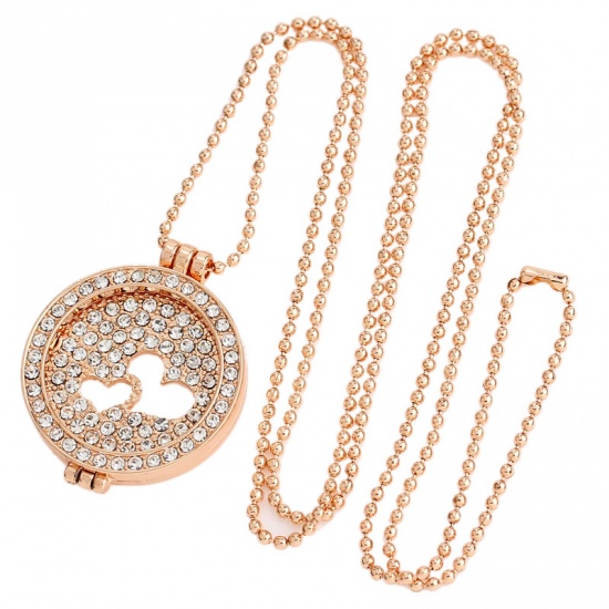Picture of Amazing Coin Locket Necklace Rose Gold Round Heart Hollow Clear Rhinestone 75.5cm(29 6/8") long, 1 Piece