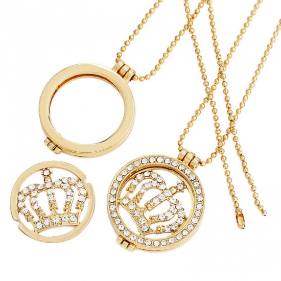 Picture of Amazing Coin Locket Necklace Gold Plated Round Crown Clear Rhinestone 77.5cm(30 4/8") long, 1 Piece