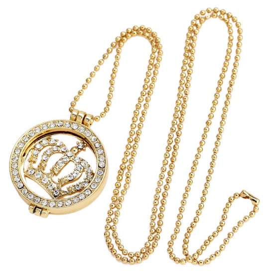 Picture of Amazing Coin Locket Necklace Gold Plated Round Crown Clear Rhinestone 77.5cm(30 4/8") long, 1 Piece