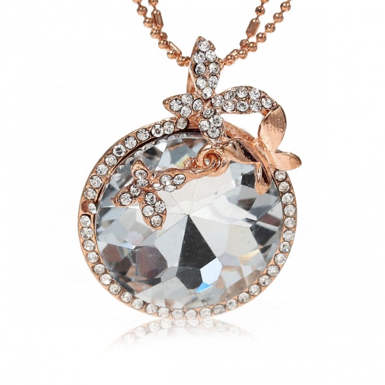 Picture of Jewelry Ball Chain Necklace Round Butterfly Rose Gold Clear Rhinestone W/Extender Chain 71.5cm(28 1/8") long,1Piece