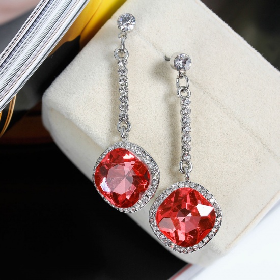 Picture of Earrings Rhombus Shape Silver Tone Orange Red Acrylic Faceted Embellishments Clear Rhinestone W/ Stoppers 4.5cm x1.6cm(1 6/8" x 5/8"), Post/ Wire Size: (21 gauge), 1 Pair