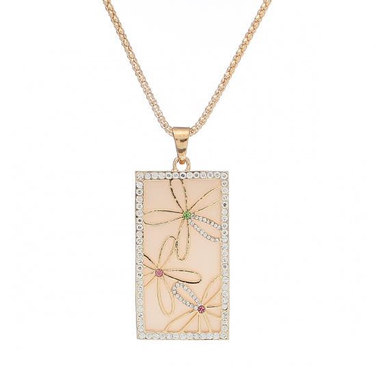 Picture of Jewelry Necklace Rectangle Gold Plated Flower Pink Orange Clear Rhinestone 72cm(28 3/8") long, 1 Piece