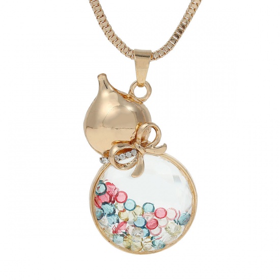 Picture of Floating Living Memory Glass Locket Necklace Snake Chain Gold Plated Calabash Bowknot Pendant With Multicolor Rhinestone 75.5cm(29 6/8") long, 1 Piece