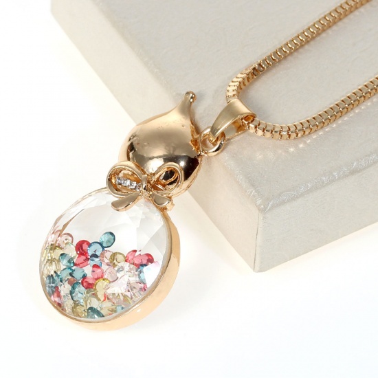 Picture of Floating Living Memory Glass Locket Necklace Snake Chain Gold Plated Calabash Bowknot Pendant With Multicolor Rhinestone 75.5cm(29 6/8") long, 1 Piece