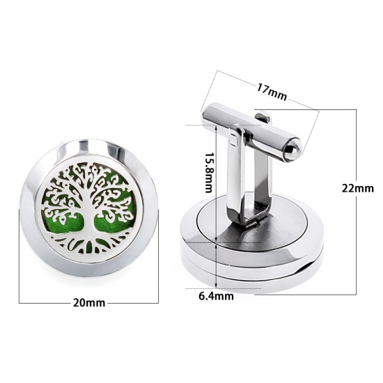 Immagine di Silver Tone - 316L Stainless Steel Aromatherapy Essential Oil Diffuser Magnetic Locket Tree Of Life Cufflinks For Men Suit Shirt Cuff Links Accessories 2cm Dia., 1 Piece