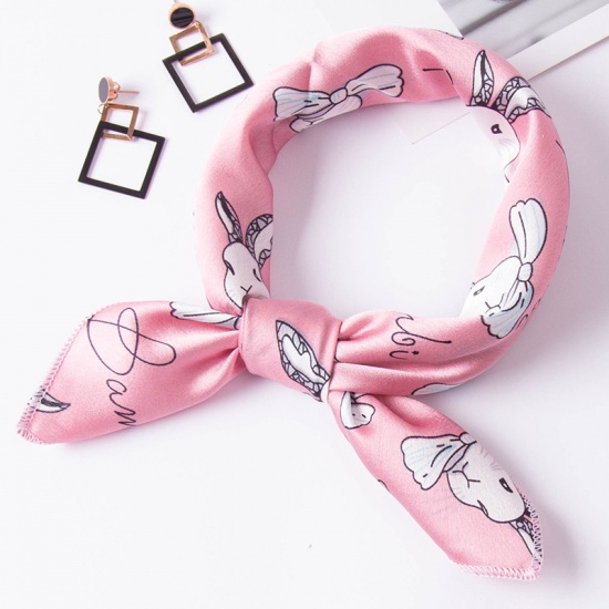 Picture of Pink - Polyester Fiber Rabbit Multifunctional Fashion Imitation Silk Women's Scarf Square 50x50cm, 1 Piece