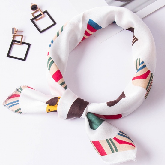 Picture of White - Polyester Fiber Socks Pattern Multifunctional Fashion Imitation Silk Women's Scarf Square 50x50cm, 1 Piece