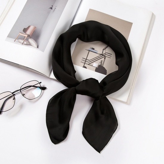 Picture of Black - Imitation Silk Multifunctional Retro Women's Scarf Square Solid Color 70x70cm, 1 Piece
