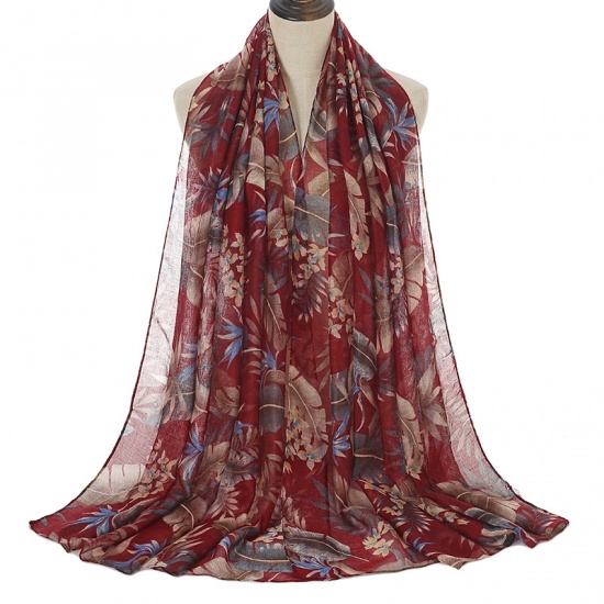 Picture of Wine Red - Voile Flower Printed Beach Women's Scarf 180x90cm, 1 Piece