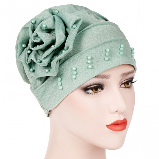 Immagine di Mint Green - Cotton Women's Turban Hat Beanie Cap Flower Beaded M（56-58cm）, 1 Piece
