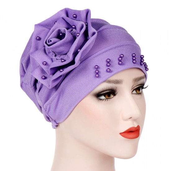 Immagine di Mauve - Cotton Women's Turban Hat Beanie Cap Flower Beaded M（56-58cm）, 1 Piece