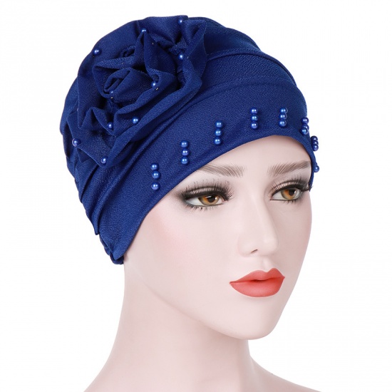 Immagine di Royal Blue - Cotton Women's Turban Hat Beanie Cap Flower Beaded M（56-58cm）, 1 Piece