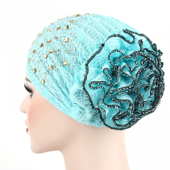 Immagine di Skyblue - Cotton Women's Turban Hat Beanie Cap Flower With Hot Fix Rhinestone M（56-58cm）, 1 Piece