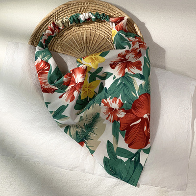Immagine di White - Women Floral Printed Dust-proof Triangular Elastic Hair Headband Kerchief Turban Bandanas 50cm long, 1 Piece