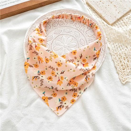 Immagine di Peachy Beige - Women Floral Printed Dust-proof Triangular Elastic Hair Headband Kerchief Turban Bandanas 50cm long, 1 Piece