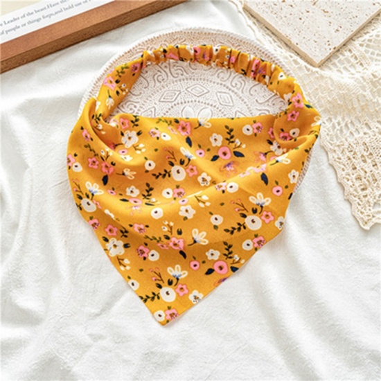 Immagine di Yellow - Women Floral Printed Dust-proof Triangular Elastic Hair Headband Kerchief Turban Bandanas 50cm long, 1 Piece