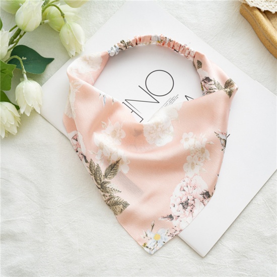 Immagine di Pink - Satin Women Floral Printed Dust-proof Triangular Elastic Hair Headband Kerchief Turban Bandanas 50cm long, 1 Piece
