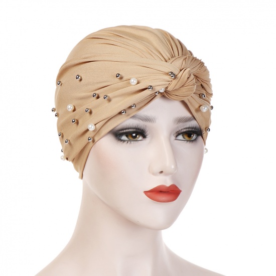 Immagine di Khaki - Polyester Elastane Imitation Pearls Beaded Tied Knot Women's Turban Hat M（56-58cm）, 1 Piece