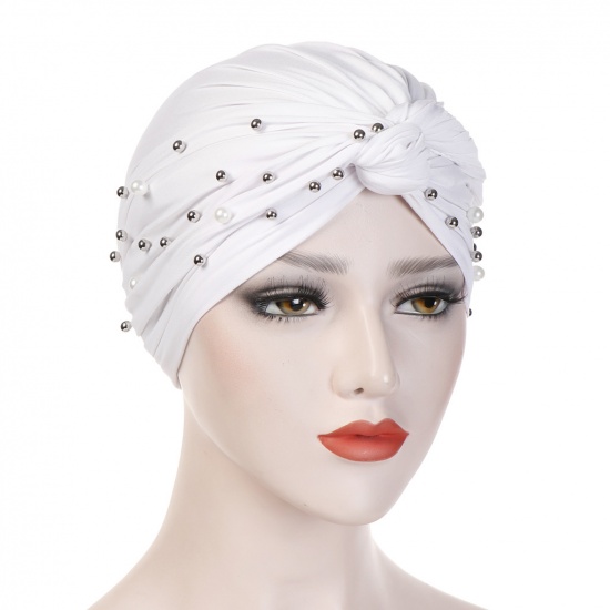 Immagine di White - Polyester Elastane Imitation Pearls Beaded Tied Knot Women's Turban Hat M（56-58cm）, 1 Piece