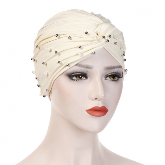 Immagine di Creamy-White - Polyester Elastane Imitation Pearls Beaded Tied Knot Women's Turban Hat M（56-58cm）, 1 Piece