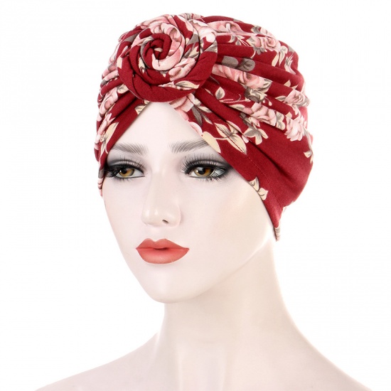 Immagine di Wine Red - Polyester Tied Knot Flower Printed Women's Turban Hat M（56-58cm）, 1 Piece