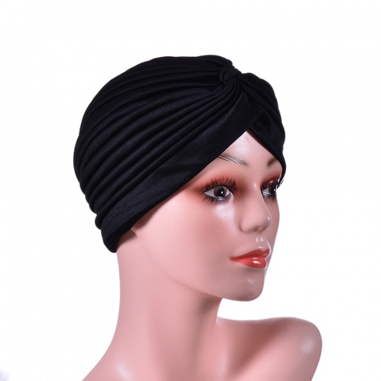 Immagine di Black - Polyester Tied Knot Turban Hat Solid Color M（56-58cm）, 1 Piece