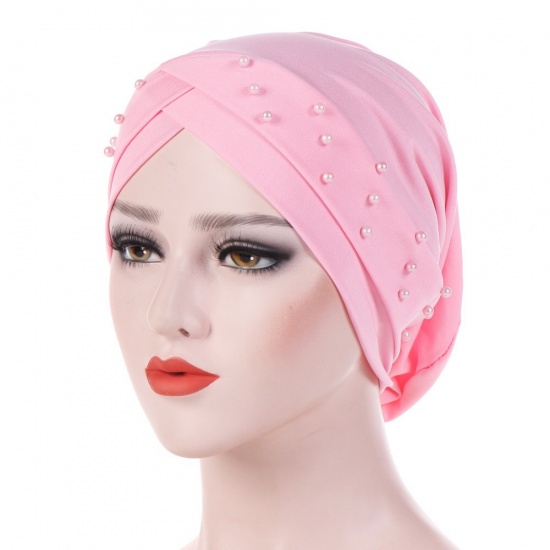 Immagine di Pink - Beaded Cross Tied Knot Women's Turban Hat M（56-58cm）, 1 Piece