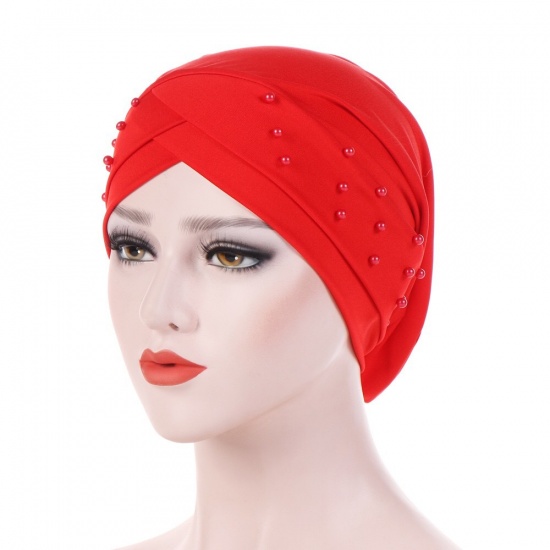 Immagine di Red - Beaded Cross Tied Knot Women's Turban Hat M（56-58cm）, 1 Piece