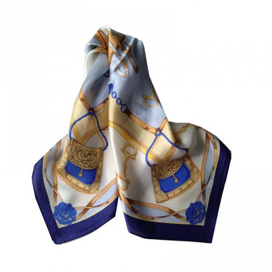 Picture of Blue - Real Silk Printed Women's Square Scarf Kerchief Bandanas 55x55cm, 1 Piece